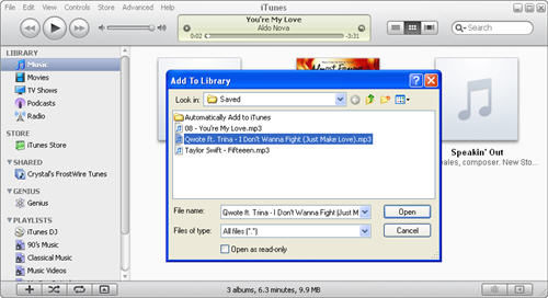 Transfer/get/put FrostWire files to iTunes, iPod, iPhone